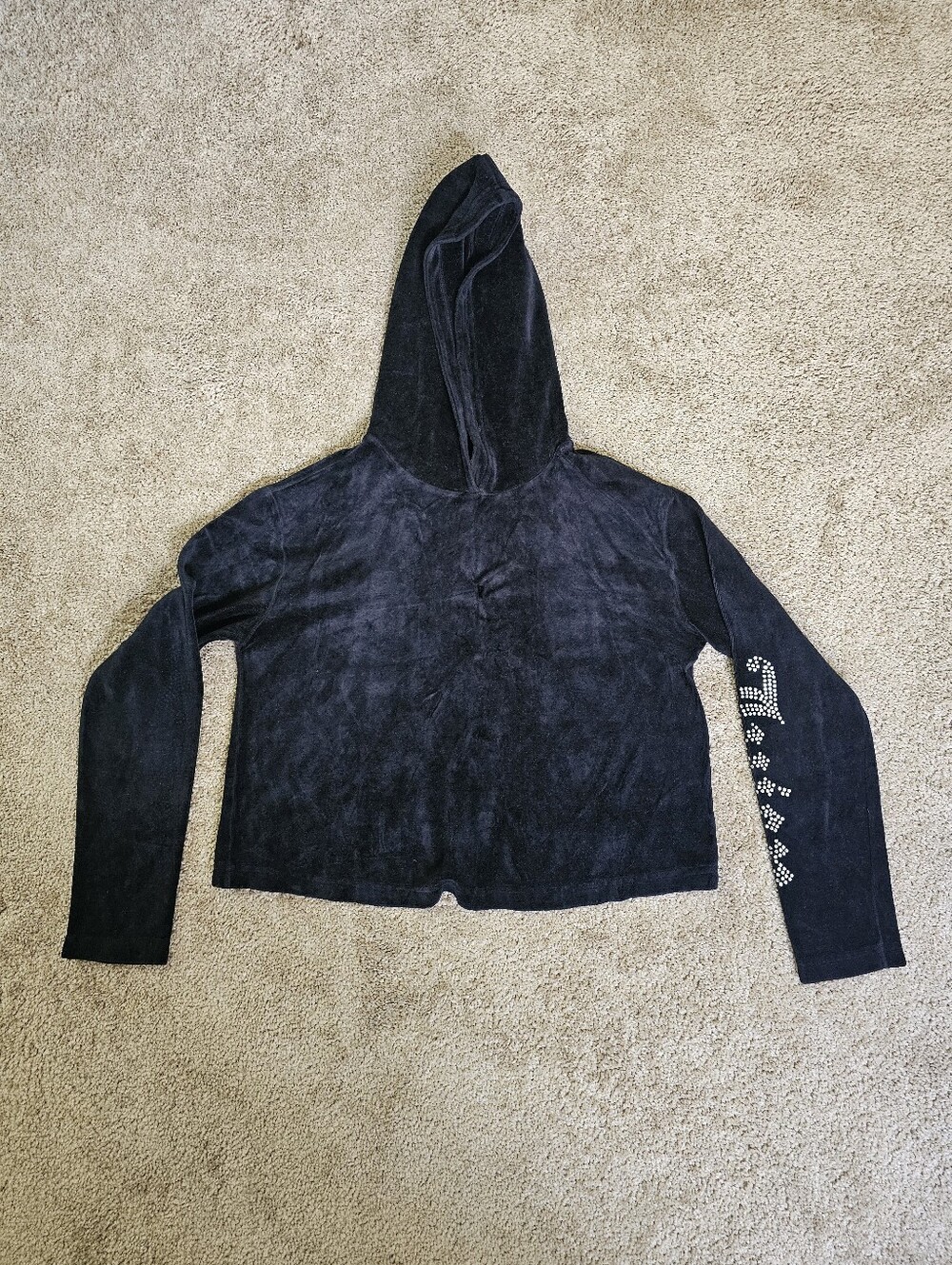 Juicy Couture Black Velour Hoodie with Sleeve Logo Rhinestones